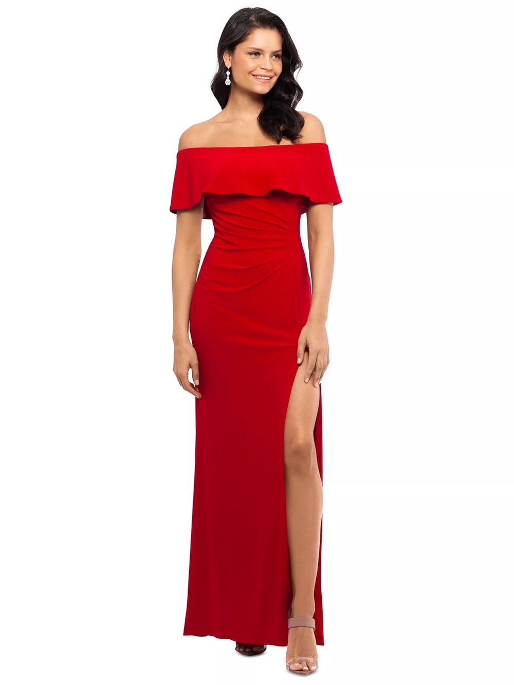 Xscape Red Off-Shoulder One-Shoulder Evening Gown with Side Slit